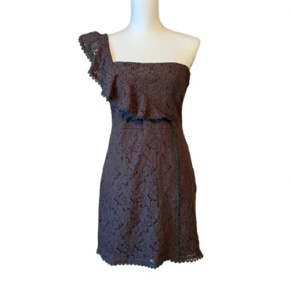 Brown Lace Ruffled One-Shoulder Sheath Dress w/ Green Trim by 5th Culture (L) - Picture 3 of 14